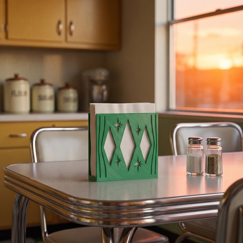 May include: A green napkin holder featuring a cutout pattern of diamonds and four-pointed stars, containing a stack of white paper napkins. The holder is positioned on a table next to two small glass shakers filled with salt and pepper.