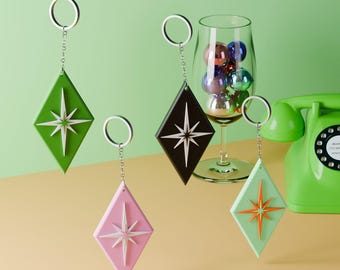 Retro Mid Century Modern Diamond Starburst Keychain Nostalgic Keyring Style Aesthetic Hotel Key Vintage Style Midmod MCM Space Age