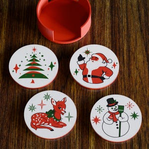 Retro Mid Century Modern Christmas Coaster Set of 4 Santa Reindeer Snowman Tree Vintage Kitchen Bar Décor Drinks  1960s 50s MCM MidMod