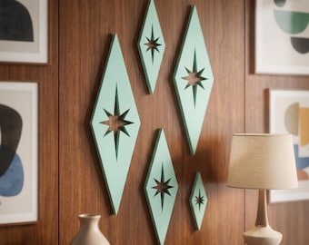 Mid-Century Modern Diamond Starbursts Wall Art – 1960s Retro Decor in Gold, Silver, Black, Mint | Vintage-Style MCM Home & Office Décor 60s