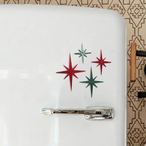 Retro Holiday Christmas Fridge Magnets Mid Century Starburst Atomic Art Refrigerator Kitchen Décor 1960s Retro 50s Home Office MCM Red Green
