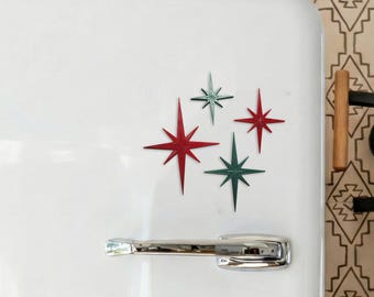 Retro Holiday Christmas Fridge Magnets Mid Century Starburst Atomic Art Refrigerator Kitchen Décor 1960s Retro 50s Home Office MCM Red Green