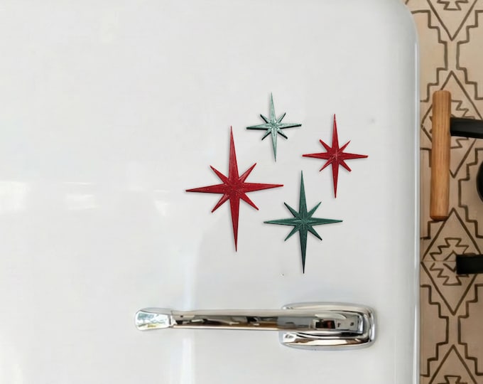 Retro Holiday Christmas Fridge Magnets Mid Century Starburst Atomic Art Refrigerator Kitchen Décor 1960s Retro 50s Home Office MCM Red Green