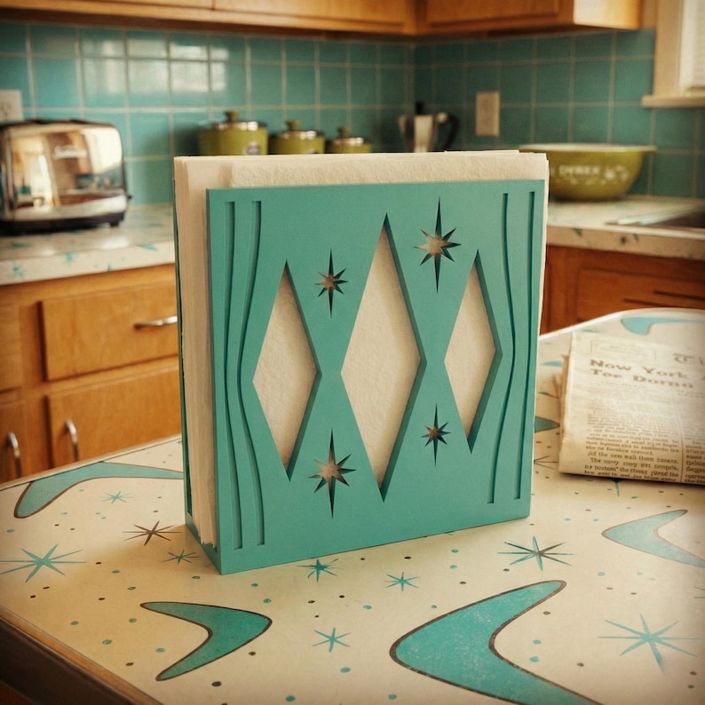 May include: A teal napkin holder featuring a cutout design of three vertical diamonds and four-pointed starbursts. The flat, rectangular structure is constructed from a solid material and holds a stack of white paper napkins in an upright position.