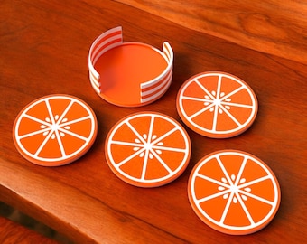 Tangerine Dream Coasters Retro 70s Orange Slice Drink Coasters – Funky Mid Century Modern Barware Made In The USA Groovy Home Decor Set