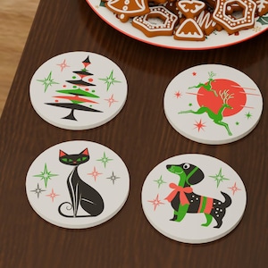 Retro Mid Century Modern Atomic Cat and Dog Christmas Coaster Set of 4 Holiday Tree Vintage Kitchen Bar Décor Drinks 50s 60s