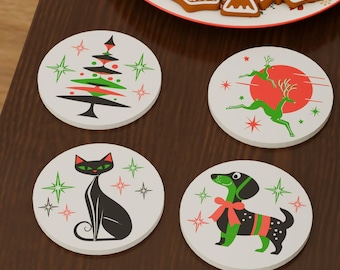 Retro Mid Century Modern Atomic Cat and Dog Christmas Coaster Set of 4 Holiday Tree Vintage Kitchen Bar Décor Drinks 50s 60s