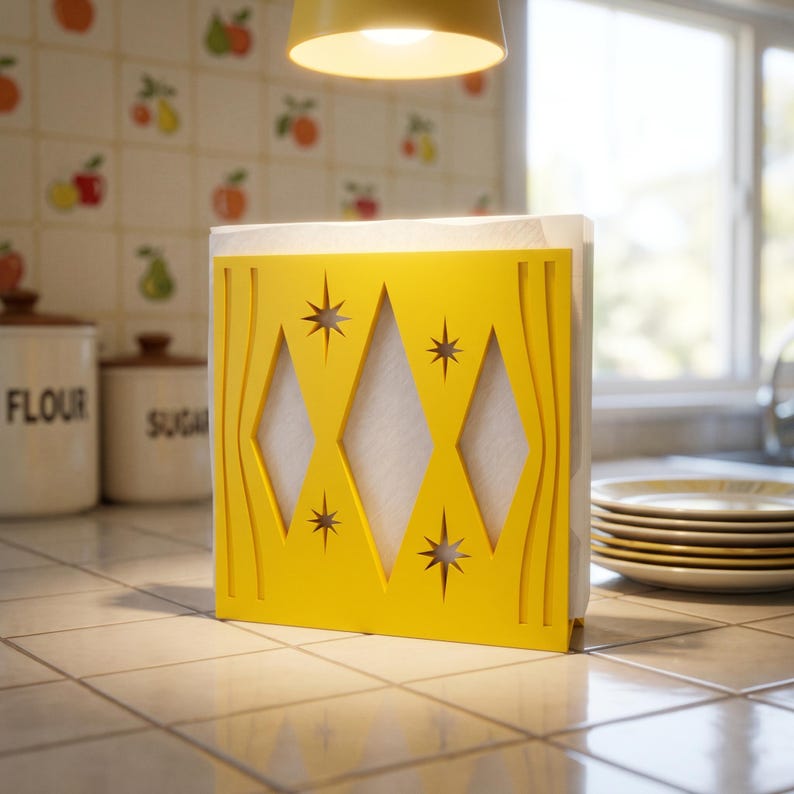 May include: A bright yellow napkin holder featuring a cutout design of three vertical diamonds and four starburst shapes. The holder is constructed with a flat base and holds a stack of white paper napkins, displaying a clean and geometric aesthetic.