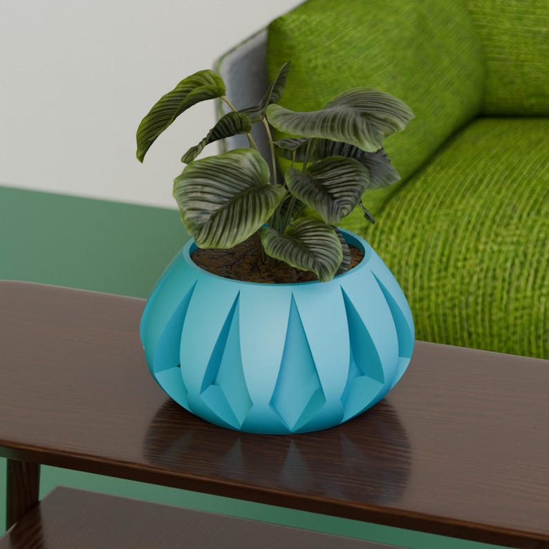 May include: A small houseplant in a light blue, geometric-patterned pot. The pot is round with a series of triangular facets. The plant has large, green leaves. The pot sits on a dark brown wooden table.