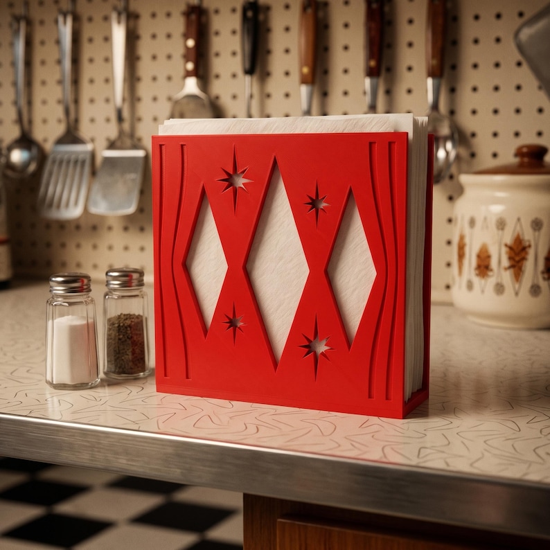 May include: A bright red napkin holder featuring a geometric cutout design with diamond shapes and starburst accents. The vertical structure holds a stack of white paper napkins, showcasing a bold color and a distinct pattern on its front panel.