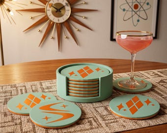 Mid Century Modern Coasters Set of 4 Diamonds & Boomerang Space Age Vintage Style Décor Two Tone Drinks Wine Beer Retro Home Décor 1960s 50s