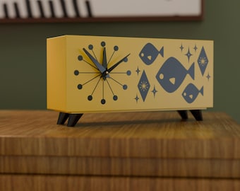Atomic Fish Desk Clock – Retro Mid-Century Modern Atomic Space-Age Clock USA Made MCM Vintage-Inspired Starburst Design MidMod Decor
