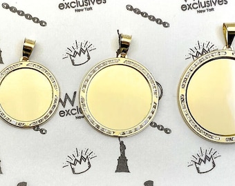 10K Real Gold CZ Round Memory Picture Charm Pendant 1&quot;-1.8&quot;