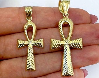 10K Yellow Gold Diamond-Cut Ankh Cross Pendant 1.5&quot; or 1.8&quot;