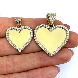 10K Yellow Gold CZ Memory Picture Heart Pendant 1.1"-1.6"