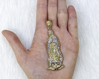 10K Yellow Gold Diamond Cut Our Lady Of Guadalupe Virgin Mary Charm Pendant 3"