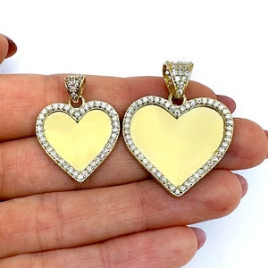 10K Yellow Gold CZ Memory Picture Heart Pendant 1.1&quot;-1.6&quot;