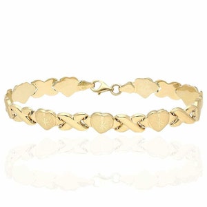 10k Yellow Gold Diamond Cut Stampato XO Hearts & Kisses Bracelet 7.25" 8"