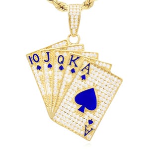 Pingente de cartas de baralho em ouro amarelo 14K CZ azul verde vermelho pavê 1,9"