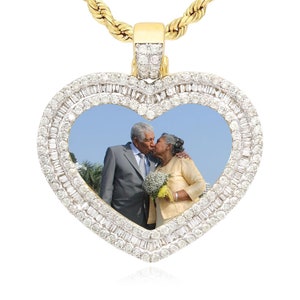 1.94ctw Real Diamond 10k Yellow Gold Heart Picture Memory Pendant 1.3"