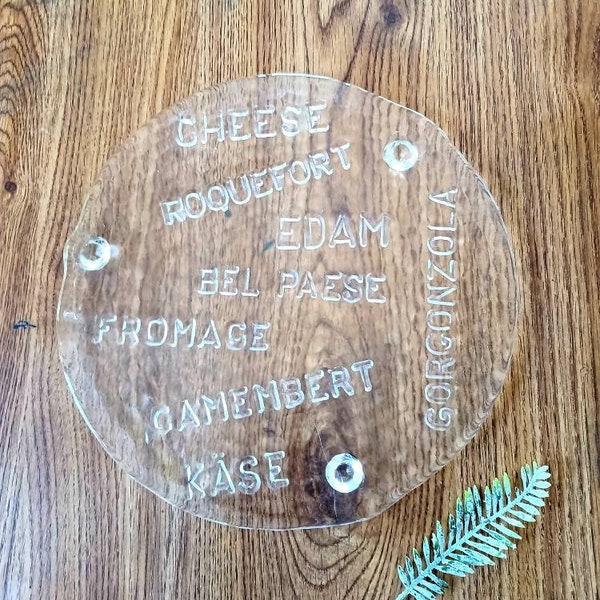 Vintage 1970s Large 11" Round Hammered Glass Cheese Charcuterie Board Serving Plate W Cheese Names Platter Mid Century Modern FREE SHIPPING