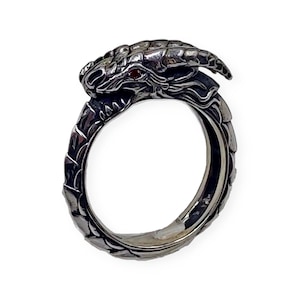 May include: A silver dragon ring with a red gemstone eye. The dragon's head is curled around the band of the ring.