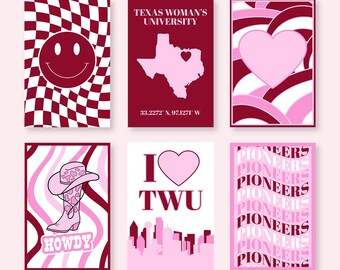 Texas Woman's University Digital Posters | TWU Wall Art | College Wall Decor | Set of 6 Digital Download Prints | TWU Dorm Posters
