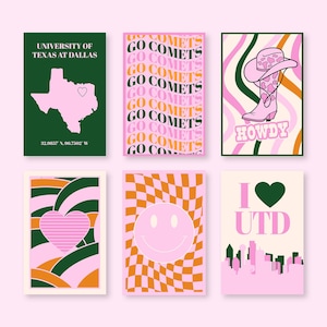 May include: Six colorful illustrations with a pink background. The first illustration shows a pink outline of the state of Texas with a small heart in the center. The second illustration has the text "GO COMETS" repeated in a pink and green pattern. The third illustration shows a pink cowboy boot with a green and pink wavy pattern. The fourth illustration shows a pink heart with a green outline on a pink and green wavy pattern. The fifth illustration shows a pink smiley face on a pink and orange checkered pattern. The sixth illustration shows a pink skyline with the text "I LOVE UTD" in green and pink.