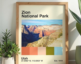 Zion National Park Digital Poster | Utah Observation Point Print | Mid Century Modern Wall Art | Vintage Travel Poster | Instant Download