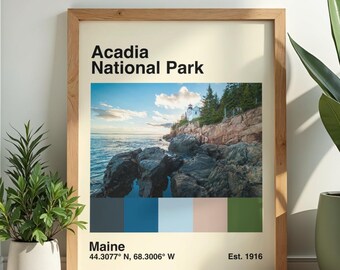 Acadia National Park Digital Poster | Cadillac Mountain Maine Print | Mid Century Modern Wall Art | Vintage Travel Poster | Instant Download