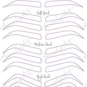 May include: A printable eyebrow shape guide with eight different eyebrow shapes: Straight, Upward, Soft Arch, S Shape, Medium Arch, Round, High Arch, and Round Arch. Each shape is shown in multiple variations.
