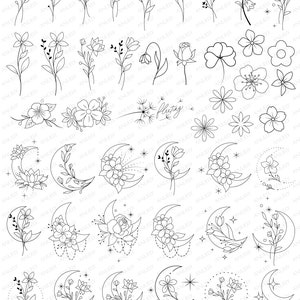 Mini Tattoo, Fine Line Tattoo, Moon Tattoo, Flower Tattoo, Cute Tattoo, Constellation Tattoo, Digital Download Tattoo, AI, SVG, EPS