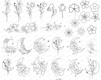 Mini Tattoo, Fine Line Tattoo, Moon Tattoo, Flower Tattoo, Cute Tattoo, Constellation Tattoo, Digital Download Tattoo, AI, SVG, EPS