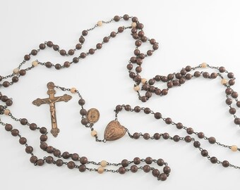 Big Antique French Nuns Habit Rosary 15 decades wooden  and barnstone beads Hollow Heart Souvenir de Lourdes . long 68 5/8&quot;