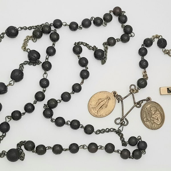 Antique French big nun priest Rosary wooden beads,  Dutch copper medals, rare copper clip, copper crucifix with crossbones 42"