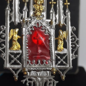 Religieus antiek Frans miniatuur Monstrance verzilverd tin ostensorium met reliek monstrans image 4