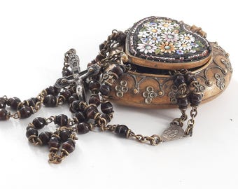 Vintage Micro Mosaic Rosary Box with Children&#39;s Rosary Italy