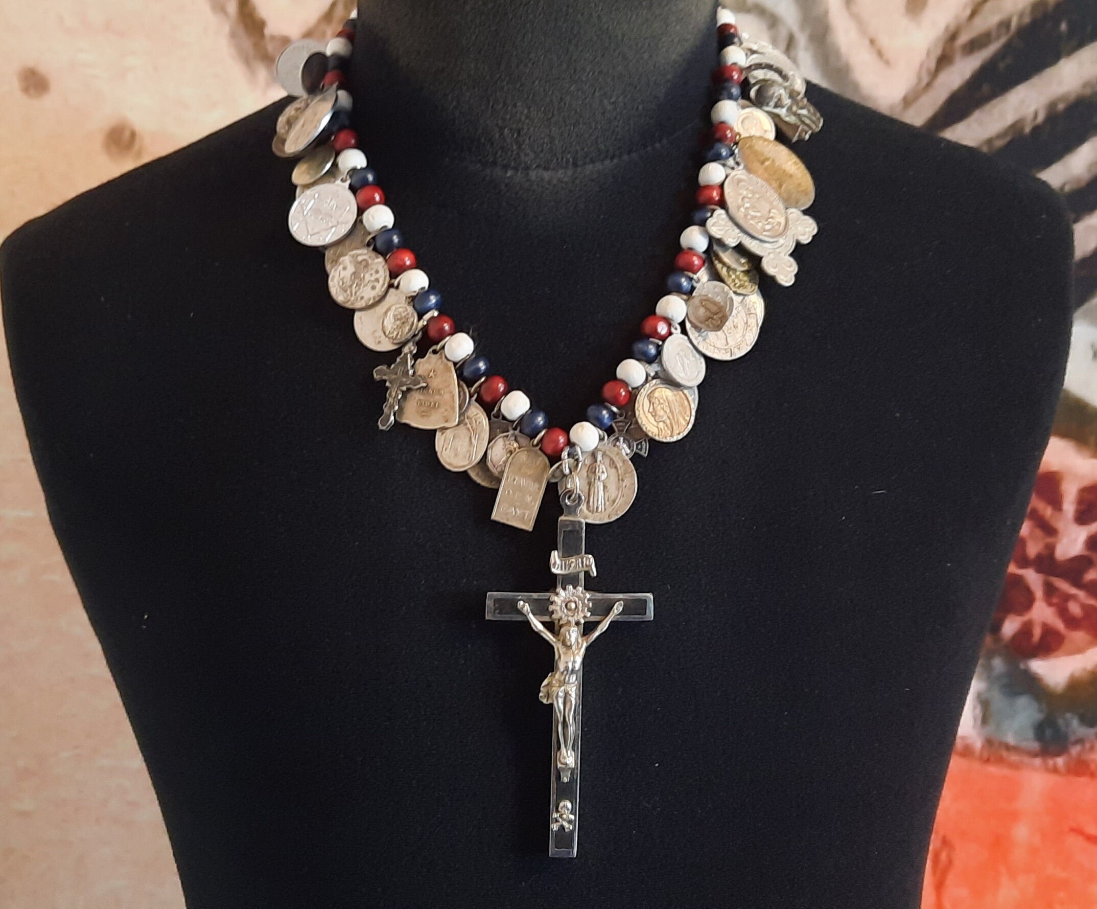 Rare Religious Upcycled Rosary handmade with original vintage Catholic medals and a Antique cross
