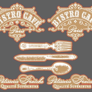 May include: A vintage-style illustration of a bistro cafe sign with the text "Bistro Cafe Paris" in white on a brown background. The image also includes illustrations of a fork, knife, and spoon, as well as the text "Patisserie Fraiche Qualite Superieure" in white on a brown background.