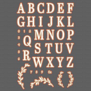 May include: A white alphabet with a brown outline. The letters are in a vintage style font. The letters are arranged in two rows. The first row is A-F, the second row is G-L, the third row is M-P, the fourth row is Q-V, the fifth row is R-Z. There are also numbers 0-9 and the word "Est" in the image.