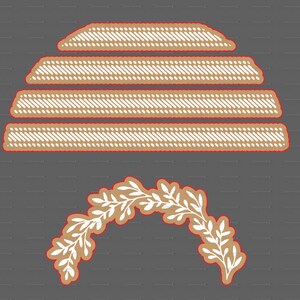 May include: A digital illustration featuring four stacked, textured, tan and white rectangular shapes with red outlines, and a tan and white floral design with a red outline. The background is a solid grey colour.