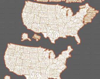 May include: A stylized map of the United States of America with each state's name written inside the state's outline. The map is in a vintage style with a brown and white color scheme. The map is repeated twice, with the second map slightly offset from the first.