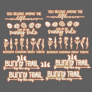 Puede incluir: Un conjunto de clipart digital con varios diseños de temática de Pascua. Los diseños incluyen las frases "You belong among the wildflowers", "Look on the sunny side", "Blossom Flourish Grow Thrive", y "Bunny Trail - hop this way".