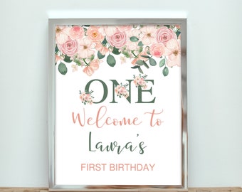 Birthday Welcome Sign, Printable Welcome Decor, Welcome Sign Blush Pink, Floral Boho, One First Birthday Party Decor, Customize Printable