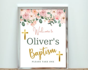 Christening Decorations, Custom Baptism Sign, Baptism Welcome Boy, Baptism Decor, Christening Party Decor, Baby Baptism Sign, Pink Floral