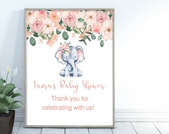 Baby Shower Decoration Girl, Elephant Baby Shower, Blush Pink Floral, Thank You for Celebrating With Us, Boho Favors Sign Printable File