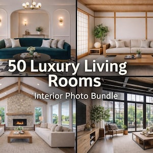 May include: A composite image showcasing four different luxury living room designs. The image features a teal sofa, a Japanese-style room, a room with a fireplace, and a room with leather furniture. Text overlay reads "50 Luxury Living Rooms Interior Photo Bundle."