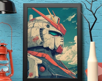 Gundam Anime Wall Art | Ukiyo-E Style Wall Print Minimalist Painting | Manga Gifts | Anime Poster | Manga Poster | Printable Wall Art