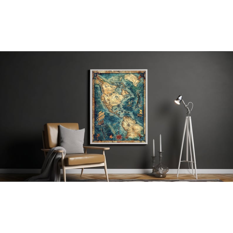 May include: A vintage style map of North America with a compass in the bottom right corner. The map is framed in a white frame and is hanging on a dark gray wall. The map is surrounded by a brown leather chair, a white floor lamp, and two white candlesticks.