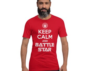 Camiseta de propaganda de guerra de Cylon: "Keep Calm and BATTLESTAR" (Mantén la calma y lucha) - Camiseta unisex
